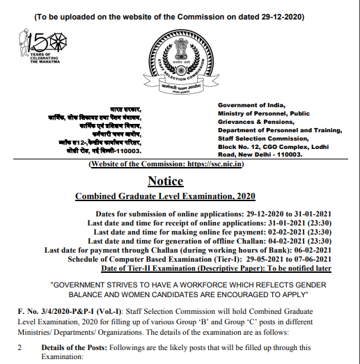 SSC CGL Notification 2021